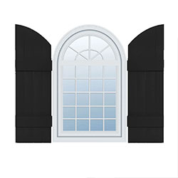 Elegant arch top window framed by stylish black Board-N-Batten vinyl shutters, enhancing the home's architecture and curb appeal with a classic touch.