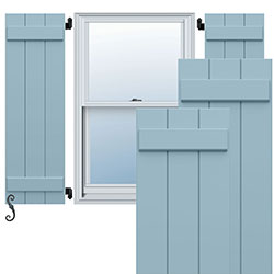 Stylish blue board-and-batten shutters framed around a window, enhancing curb appeal and showcasing elegant exterior design for homes. Ideal for both modern and traditional aesthetics.