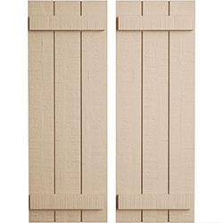 Elegant Timberthane board-n-batten shutters showcasing a textured wood finish, ideal for enhancing curb appeal and complementing traditional or modern home exteriors.