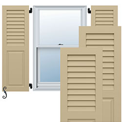 Durable Enduracore combination shutters enhance window appeal, showcasing a blend of style and function with slatted design and various configurations against a bright background.