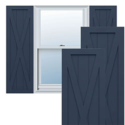Stylish PVC farmhouse shutters framed around a classic window, showcasing a contemporary design that enhances curb appeal and complements rustic home aesthetics.