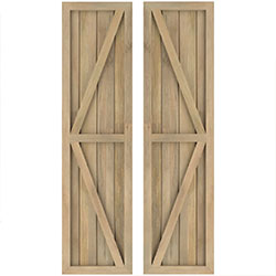 Decorative wooden farmhouse shutters featuring a rustic design with diagonal slats. Perfect for enhancing farmhouse aesthetics while providing privacy and charm.