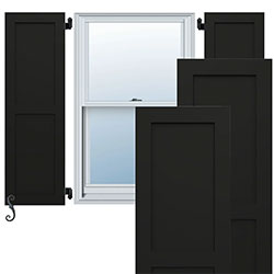 Elegant black flat panel shutters frame a window, enhancing exterior style and functionality. Ideal for homeowners seeking durable and aesthetic window solutions.