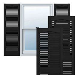 Stylish black louvered vinyl shutters frame a window, enhancing curb appeal. Perfect for adding a modern touch to any home exterior while providing light control and privacy.