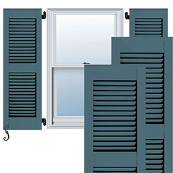 Stylish louvered shutters in blue frame a window, showcasing a modern design that enhances curb appeal and adds architectural interest to any home exterior.