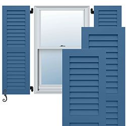 Blue louvered shutters framed around a window, showcasing a clean design and stylish appeal, enhancing curb appeal and exterior aesthetics. Perfect for modern homes.