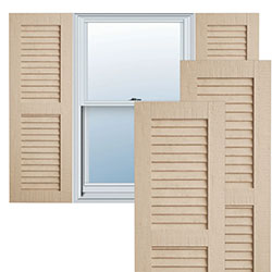 Timberthane louvered shutters frame a window, showcasing a light-colored wood texture and classic design. Ideal for enhancing curb appeal and providing privacy, they blend style with functionality.