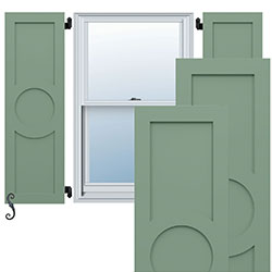 Stylish modern shutters in a soothing green color frame a window, enhancing curb appeal and adding contemporary charm to home exteriors while emphasizing design versatility.