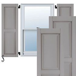 Stylish Atlantic raised panel shutters frame a window, showcasing a sophisticated blend of traditional design and modern aesthetics, enhancing curb appeal for any home.