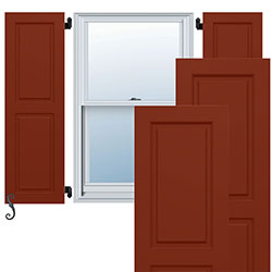 Stylish red raised panel shutters frame a window, showcasing a blend of traditional design and modern aesthetics, perfect for enhancing curb appeal and home architecture.