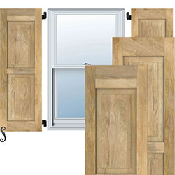Elegant wood raised panel shutters enhance window aesthetics, showcasing natural grain and craftsmanship. Ideal for adding rustic charm and functional style to any home exterior.
