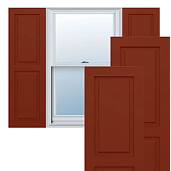 Elegant PVC raised panel shutters frame a window, showcasing a rich, deep color that enhances the exterior aesthetic. Ideal for adding charm and character to any home.